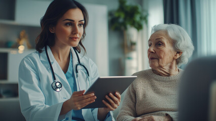 Female doctor, wearing a shiny white coat is using an iPad to assist a patient.