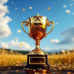 A golden and yellow winning trophy and prize with star on top with white background