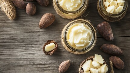 Jars of vibrant shea butter surrounded by shea nuts and cocoa pods