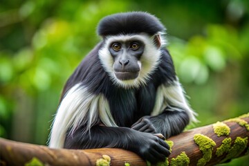 Colobus monkey perched on branch with green rainforest background