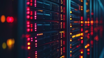 Data centers filled with rows of servers with blinking lights