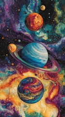 Vibrant cosmic scene showcasing colorful planets and swirling galaxies.