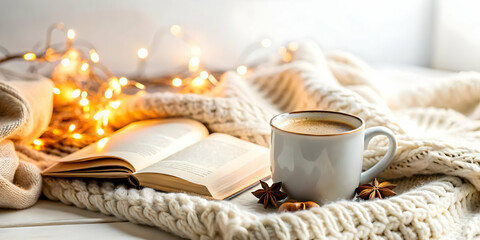Cozy winter scene with warm blanket, hot beverage, and book on plain white background for text overlays | Photo Stock Concept