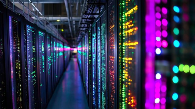 Data centers filled with rows of servers with blinking lights