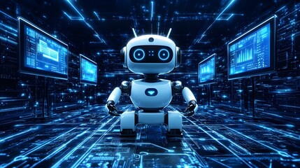 Fototapeta premium AI robot automating tasks in a smart home environment, connecting devices and managing daily routines