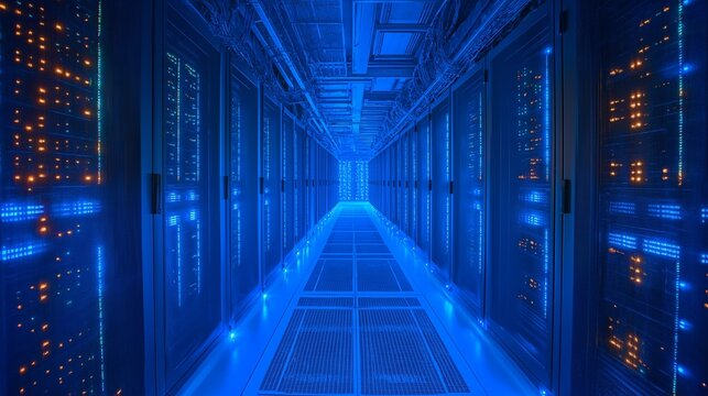 Data centers filled with rows of servers with blinking lights