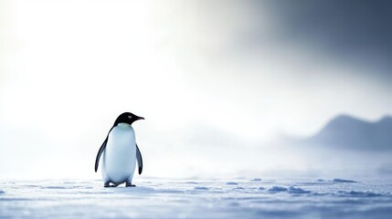 Fototapeta premium A lone penguin waddles across a snowy landscape