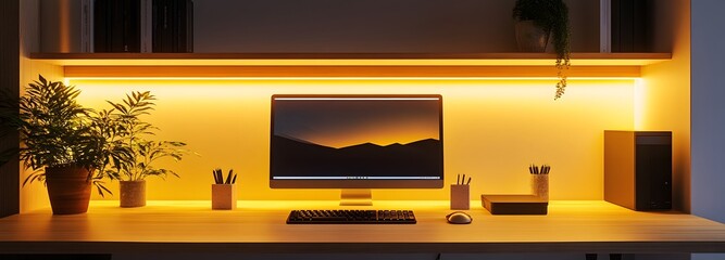 114. A minimalist desk setup with soft lighting, perfect for professional displays