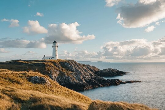 Scenic seaside lighthouse on rugged coastline during cloudy day