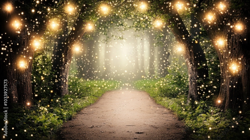 Poster Enchanting Forest Path with Glowing Lights and a Misty Atmosphere