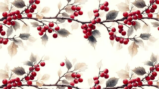 A seamless pattern of Christmas holly branches in watercolor style. Loop animation