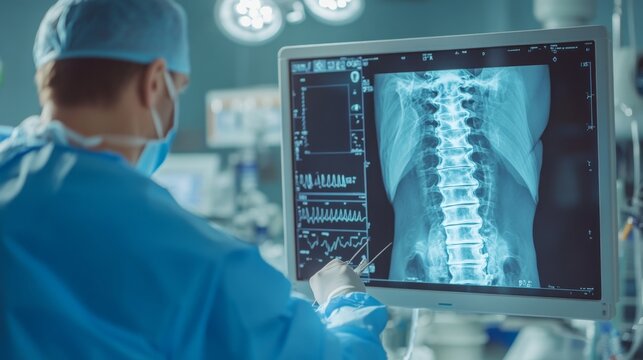 A surgeon wearing blue scrubs and a face mask examines a digital x-ray of a patient's spine. The x-ray shows a clear image of the spine. The surgeon is likely reviewing the x-ray before a procedure.