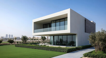 A contemporary white house with clean lines and large windows, nestled in an upscale neighborhood