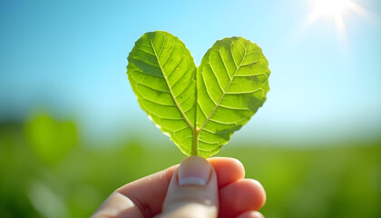 hand holding heart shaped leaf symbolizes love for nature and environment, showcasing vibrant green colors against bright blue sky