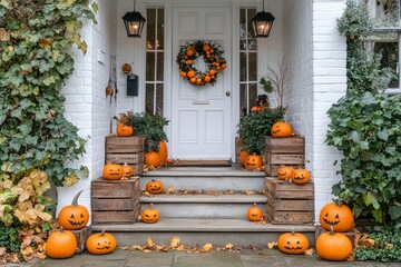 Obraz premium Charming front steps of a white open-plan house in London, adorned for Halloween with pumpkins, wooden crates, and festive lanterns.