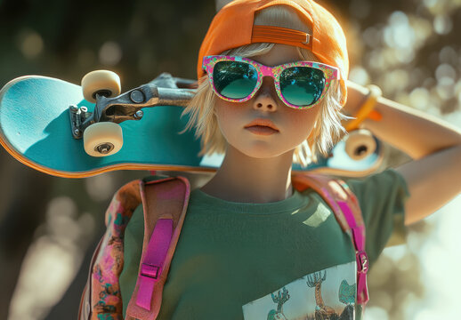 A young, blonde boy wearing colorful sunglasses and holding a blue skateboard on his shoulder.