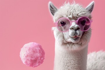 Fototapeta premium Cute lama alpaca with bubblegum in trendy pink sunglasses, isolated on pink background with copyspace. Generative AI