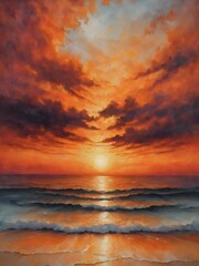 Fototapeta premium A bright sunset orange backdrop with a textured, painterly effect, capturing the warmth and intensity of a summer evening