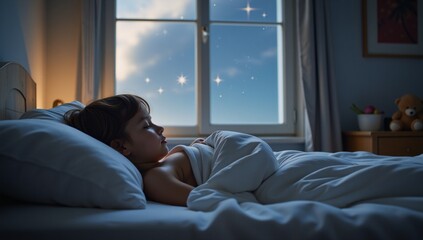 Cozy dreamscape bedroom with gently glowing night sky and soft shadows evoking a childs imagination