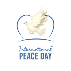 Poster concepts of International day of Peace with dove peace flying and wording of event in flat style and example texts on light blue background.