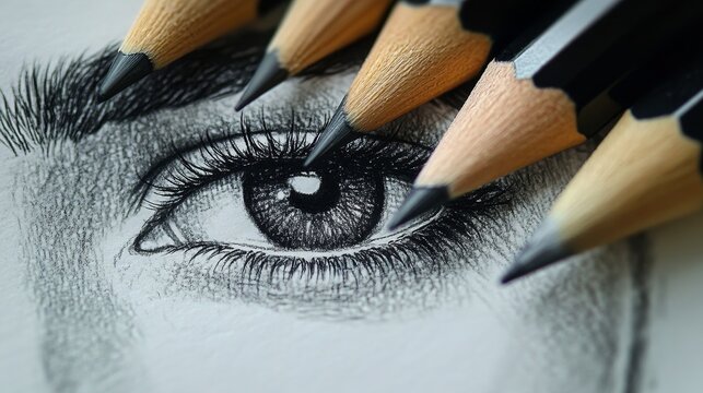 A close up of a pencil drawing of an eye with a black pencil in the center