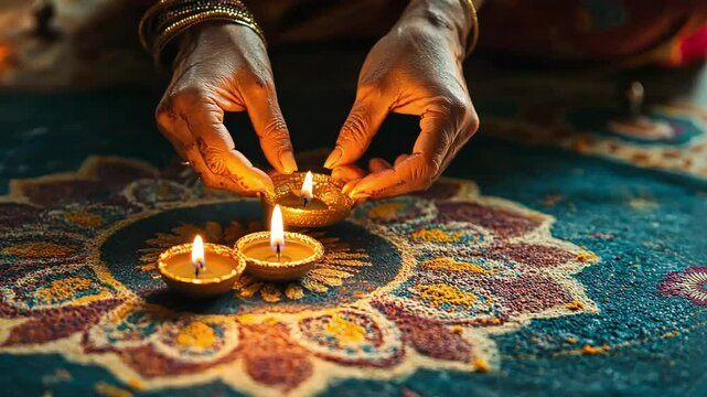 Hands arranging small, lit oil lamps on a colorful rangoli pattern during a traditional festival, such as Diwali or Pongal, celebrated at home. , patterned floor. 