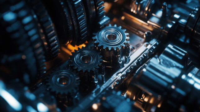 A close-up of intricate metallic gears showcasing mechanical engineering and design.