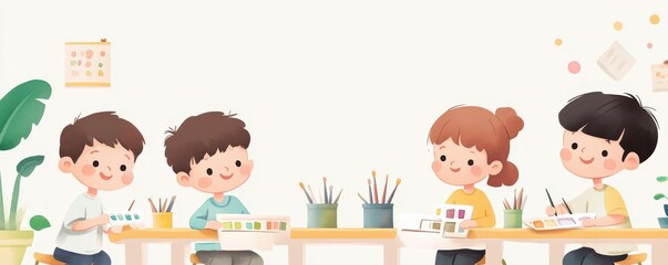 Children painting at a table, white isolate background