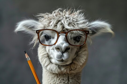 Genius alpaca with glasses and a pencil