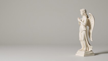 A detailed angel statue stands tranquilly on a simple backdrop for a peaceful ambiance