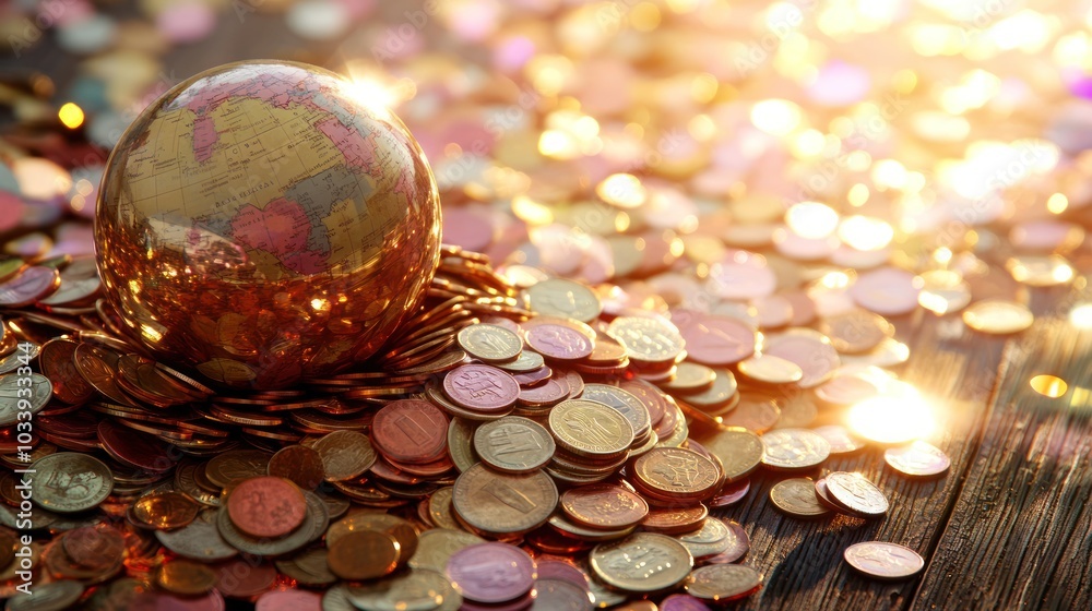 Poster a globe rests on a pile of shiny coins in the warm glow of sunlight