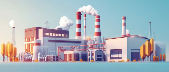 Obraz premium A colorful industrial complex with smokestacks and pipelines, illustrating manufacturing processes.