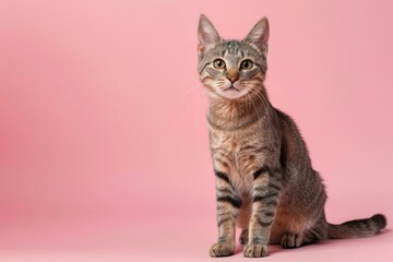 grey cat sitting on the pink background looking at camera