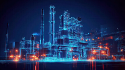 A digital representation of an industrial facility with glowing elements and pipes.