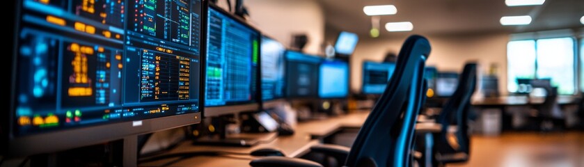 Naklejka premium A tech-focused workspace featuring multiple screens displaying data, ideal for monitoring and analysis in a modern office environment.