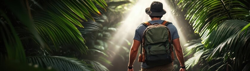 Explorer in lush jungle with sunlight filtering through