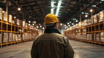 Foreman supervising empty warehouses, Realism, warm light, earthy tones, showing economic adaptation