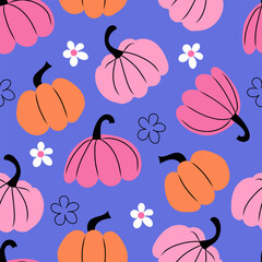 Cute colorful doodle pumpkins and flowers on blue background. Vector seamless pattern. Ideal for autumn decorations, cute seasonal designs, fabric prints, and festive fall-themed projects.