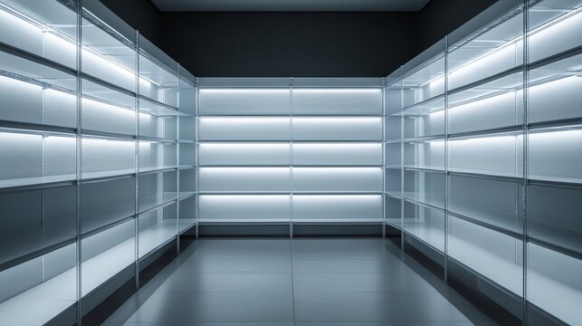Empty shelves in a hardware store, Realism, soft lighting, neutral tones, symbolizing supply chain scarcity