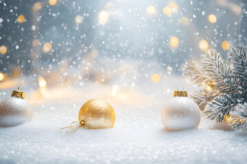 Christmas Holiday background with snow, fir tree and decorations with christmas light behind. Christmas white and golden balls on a winter festive background.