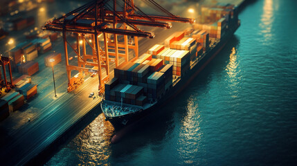 Obraz premium A nighttime view of a cargo ship docked at a port, surrounded by shipping containers.