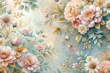 Abstract pastel painted flowers with gold details Decorative wallpaper Depth of Field