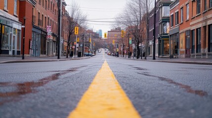 Urban street perspective: a quiet city road lined with historic architecture on a cloudy day