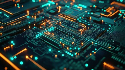 Obraz premium detailed shot of a circuit board with techno dots representing electronic connections.
