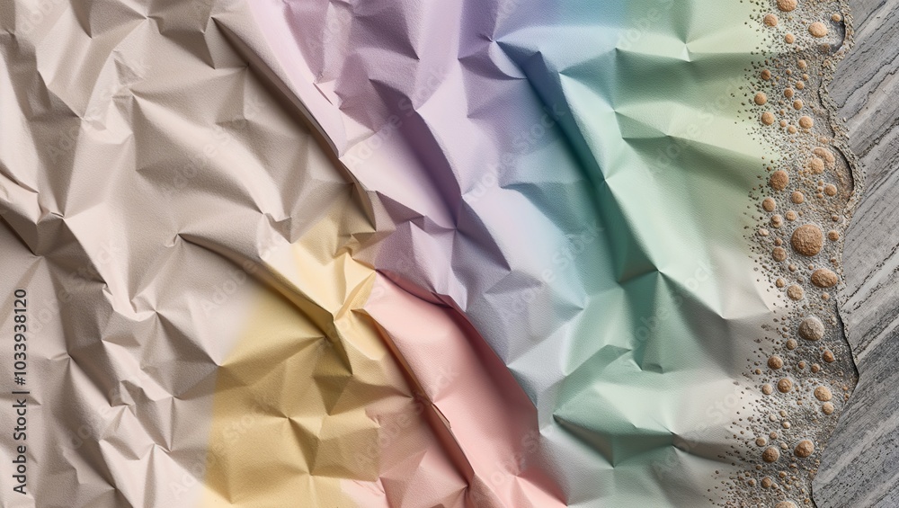 Poster Abstract image of crumpled pastel paper with circular shapes on the edge.