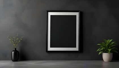 A black picture frame hanging on a dark concrete wall, creating a striking contrast that highlights the artwork inside, perfect for modern interior design.