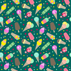 Tasty ice cream flat cartoon seamless pattern. Vector illustration. Sweet stickers collection for street food, confectionery, bar, restaurants, snacks.