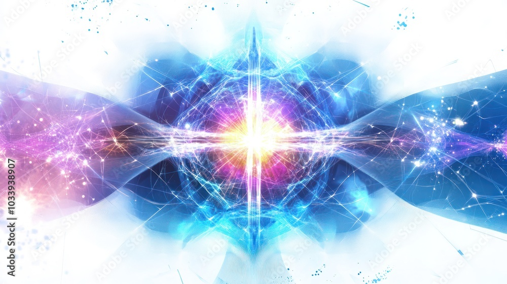 Poster futuristic cross formed by intersecting quantum waves and particles on a pristine white backdrop the