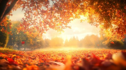 A close-up view of fallen autumn leaves on the ground, with a blurred background of trees and a golden light shining through the branches.