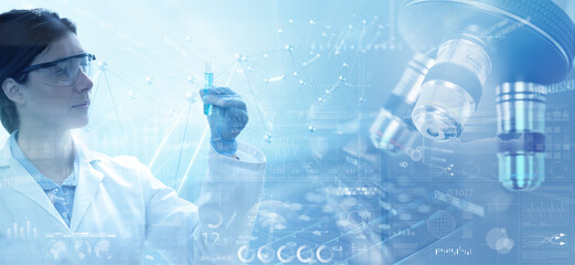 Double exposure microscope and scientist examining liquid sample in a test tube, lab biotechnology concept.